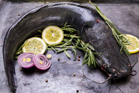 Cooking big catfish. Raw catfish with spices, lemon and rosemary ready for cooking.の写真素材