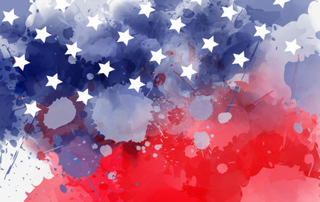 Abstract background banner with watercolor splashes in flag colors for USA. Template background for national holidays - Independence day, Memorial day, Labor day etc. Blue and red colored with stars. のイラスト素材