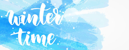 Winter time - handwritten modern calligraphy lettering message on paint brushed blue banner. Season and holiday concept illustration.のイラスト素材