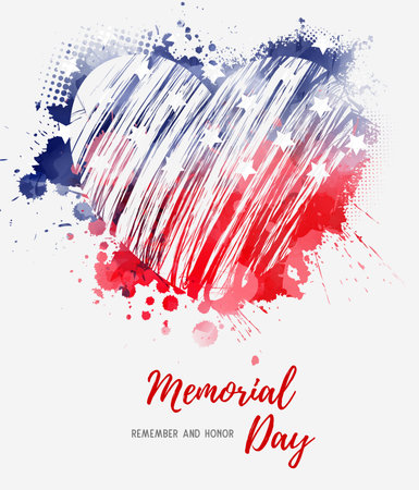 USA Memorial day background. Abstract grunge watercolor flag in grunge heart shape. Template for holiday banner, invitation, flyer, etc.のイラスト素材
