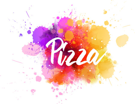 Pizza - handwritten modern calligraphy lettering on multicolored watercolor splashes backgroundのイラスト素材