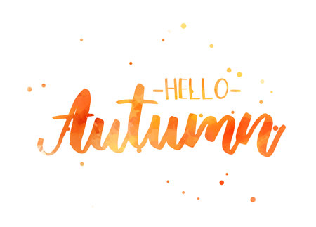 Hello autumn - handwritten modern calligraphy lettering. Season illustration. Orange colored.のイラスト素材