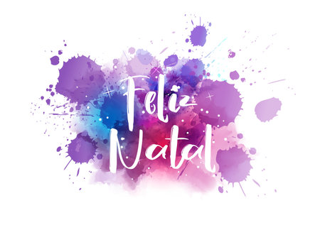 Feliz Natal - Merry Christmas in Portuguese. Abstract watercolor paint splash background. Holiday concept.のイラスト素材
