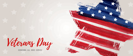 USA Veterans day background. Abstract grunge brushed flag in star shape. Template for United states of America national holiday. Horizontal banner.のイラスト素材