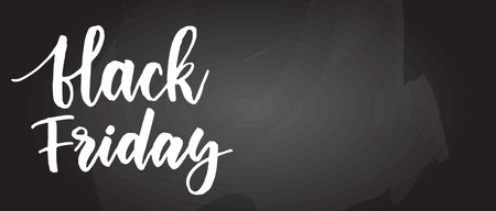 Black friday - handwritten modern calligraphy handlettering typography on blackboard (chalkboard) background. Store sale promotion concept. Horizontal banner with copyspaceのイラスト素材