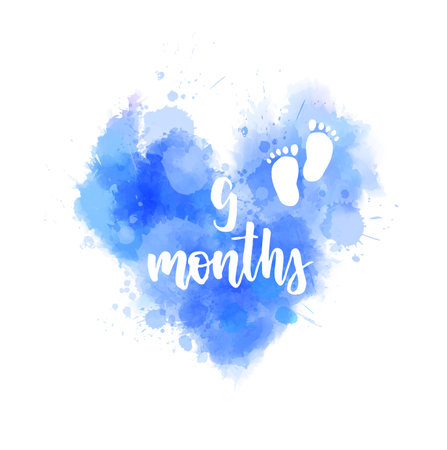 9 months - handwritten modern calligraphy lettering text. Pregnancy announcement. Baby gender reveal concept illustration. Watercolor imitation heart. Blue colored for baby boy.のイラスト素材