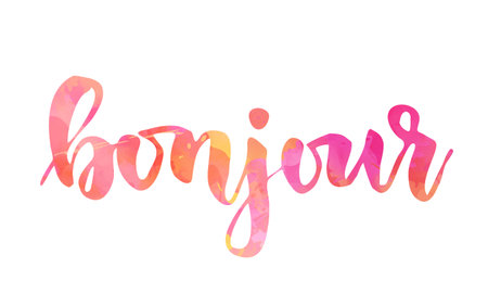 Bonjour ( Greetings in French) - handwritten modern calligraphy watercolor lettering text. Pink colored.のイラスト素材