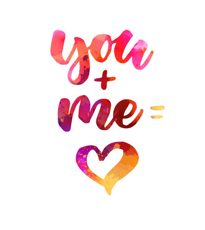 You + me = heart - handwritten modern calligraphy lettering text on abstract watercolor paint splash background. Love concept.のイラスト素材