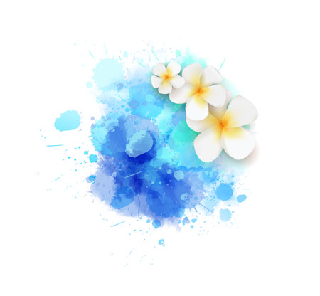 Abstract summer background with frangipani (plumeria) flowers on blue colored watercolor splashのイラスト素材