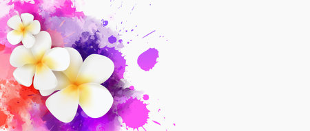 Frangipani flowers on purple colored watercolor splashes imitation banner - summer illustration. Template for horizontal banner.のイラスト素材