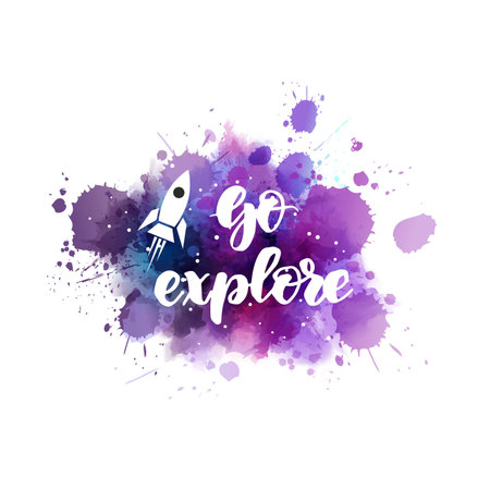 Go explore - handwritten modern calligraphy lettering on dark night sky watercolor backgroundのイラスト素材