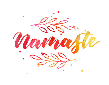 Namaste (Indian greeting, Hello in Hindi) handwritten watercolor modern calligraphy lettering. Inspirational typography. With floral decorationのイラスト素材