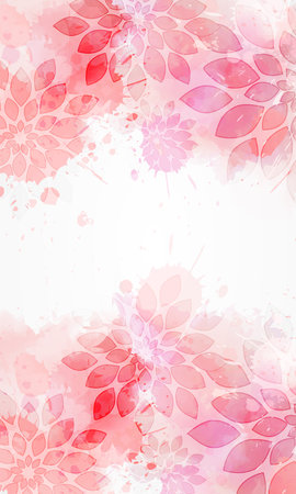 Abstract background with watercolor colorful splashes and floral swirl ornaments. Pink colored. Template for your designs, such as wedding invitation, greeting card, posters, etc.のイラスト素材