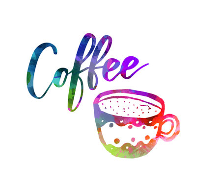 Coffee - handwritten lettering with painted coffee cup, colorful abstract textのイラスト素材