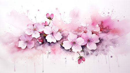 Abstract watercolor painted flowers on background with paint splashes. Pink colored.の素材