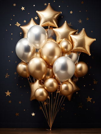 Black and gold foil balloons. Festive heart shaped air balloon composition with sparkling glitter. Birthday party decoration elements.の素材