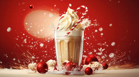 Tasty milkshake topped with cream, with splashes. Christmas drink concept.の素材