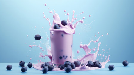 Tasty blueberry milkshake topped with cream, with splashes. With copyspace.の素材