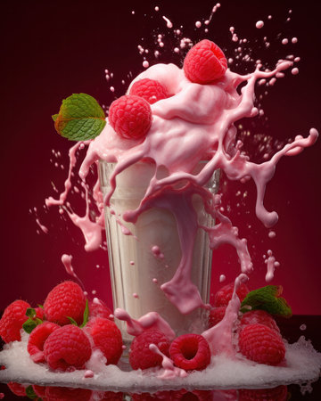 Tasty raspberry milkshake topped with cream, with splashes.の素材