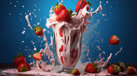 Tasty strawberry milkshake topped with cream, with splashes.の素材