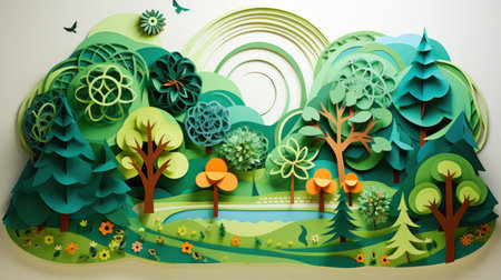 Arbor day holiday - a holiday celebrating trees. Style of 3d paper cut out. Beautiful nature landscape.の素材