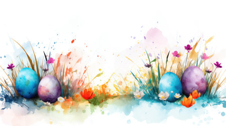 Watercolor painted Easter eggs in grass with flowers. Happy Easter concept illustration.の素材