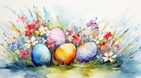 Watercolor painted Easter eggs in grass with flowers. Happy Easter concept illustration.の素材