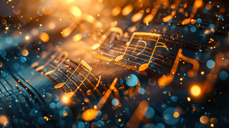 Glowing music sheets notes on beautiful lights bokeh background.の素材