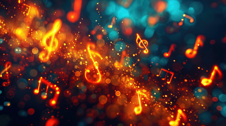 Glowing music sheets notes on beautiful lights bokeh background.の素材