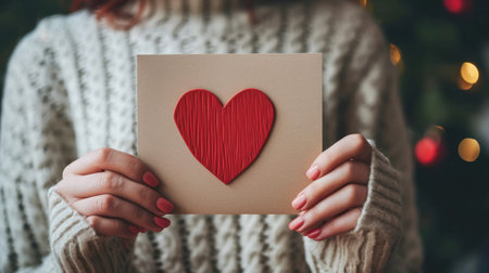 Closeup of woman hands holding handmade Valentine's day greeting card. Romantic holiday concept.の素材