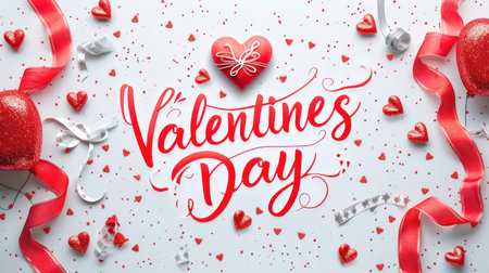 Valentine's day - calligraphy lettering. With abstract red heart and ribbon decoration. Romantic holiday greeting card background.の素材