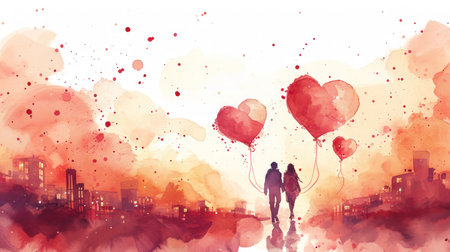 Valentine's day holiday illustration with abstract hearts, couple in love. Watercolor style.の素材