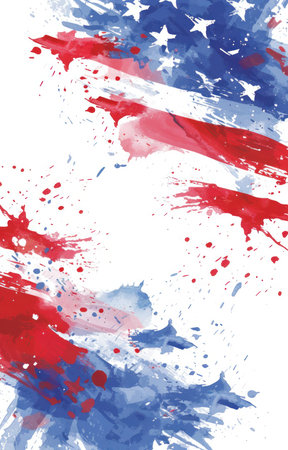 Watercolor paint splashes in red and blue colors with stars. USA national holiday concept background.の素材