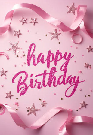 Calligraphy lettering - Happy Birthday, with pink ribbon decoration and glitter stars. Template for birthday greeting card.の素材