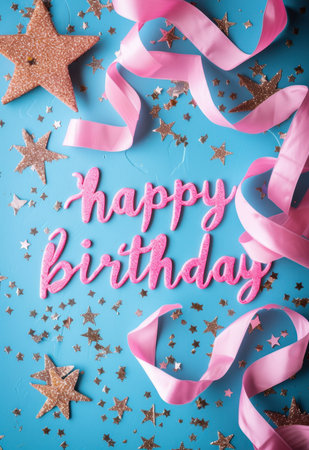 Calligraphy lettering - Happy Birthday, with pink ribbon decoration and glitter stars. Template for birthday greeting card.の素材