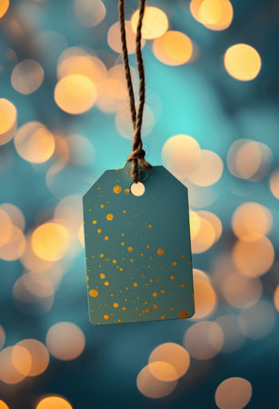 Blue shopping sale tag on beautiful bokeh background. Promotional concept.の素材
