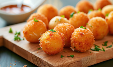 Deep fried arancini balls on wooden board - traditional Italian cuisine. Stuffed rice balls.の素材