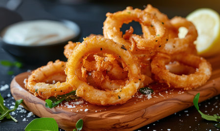 Fried crispy squid rings in tempura. Tasty snack on wooden board, closeup view.の素材