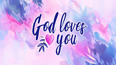 God loves you - lettering on light abstract watercolor splash background.の素材