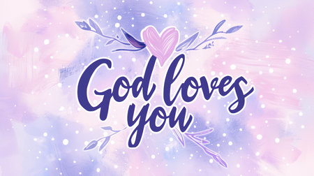 God loves you - lettering on light abstract watercolor splash background.の素材