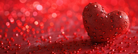 Red beautiful Valentine's day heart on abstract bokeh background. Template for horizontal banner with copyspace.の素材