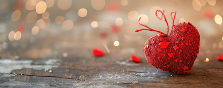 Red beautiful Valentine's day heart on abstract bokeh background. Template for horizontal banner with copyspace.の素材