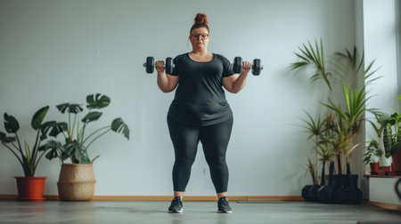 Overweight woman working out with dumbbells. Activity for weight loss.の素材