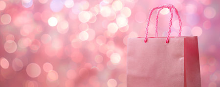 Pink paper shopping bag on beautiful defocused background.の素材