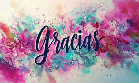 Gracias - Thank you in Spanish language. Modern calligraphy lettering text on multicolored watercolor paint splash background.の素材