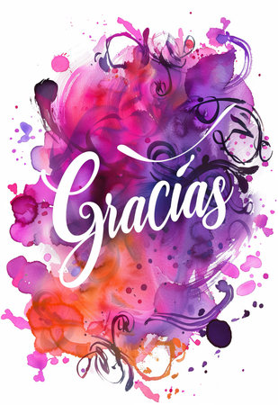 Gracias - Thank you in Spanish language. Modern calligraphy lettering text on multicolored watercolor paint splash background.の素材