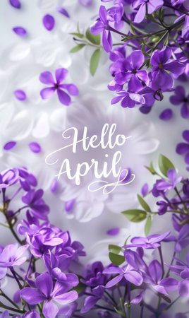 Abstract background with watercolor colorful splashes and flowers. Hello April handwritten modern calligraphy lettering. Spring concept background.の素材