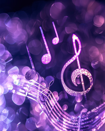 Glowing music sheets notes on beautiful lights bokeh background.の素材