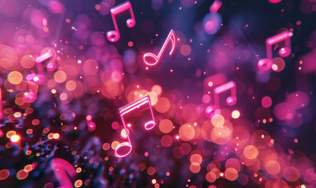Glowing music sheets notes on beautiful lights bokeh background.の素材