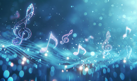 Glowing music sheets notes on beautiful lights bokeh background.の素材